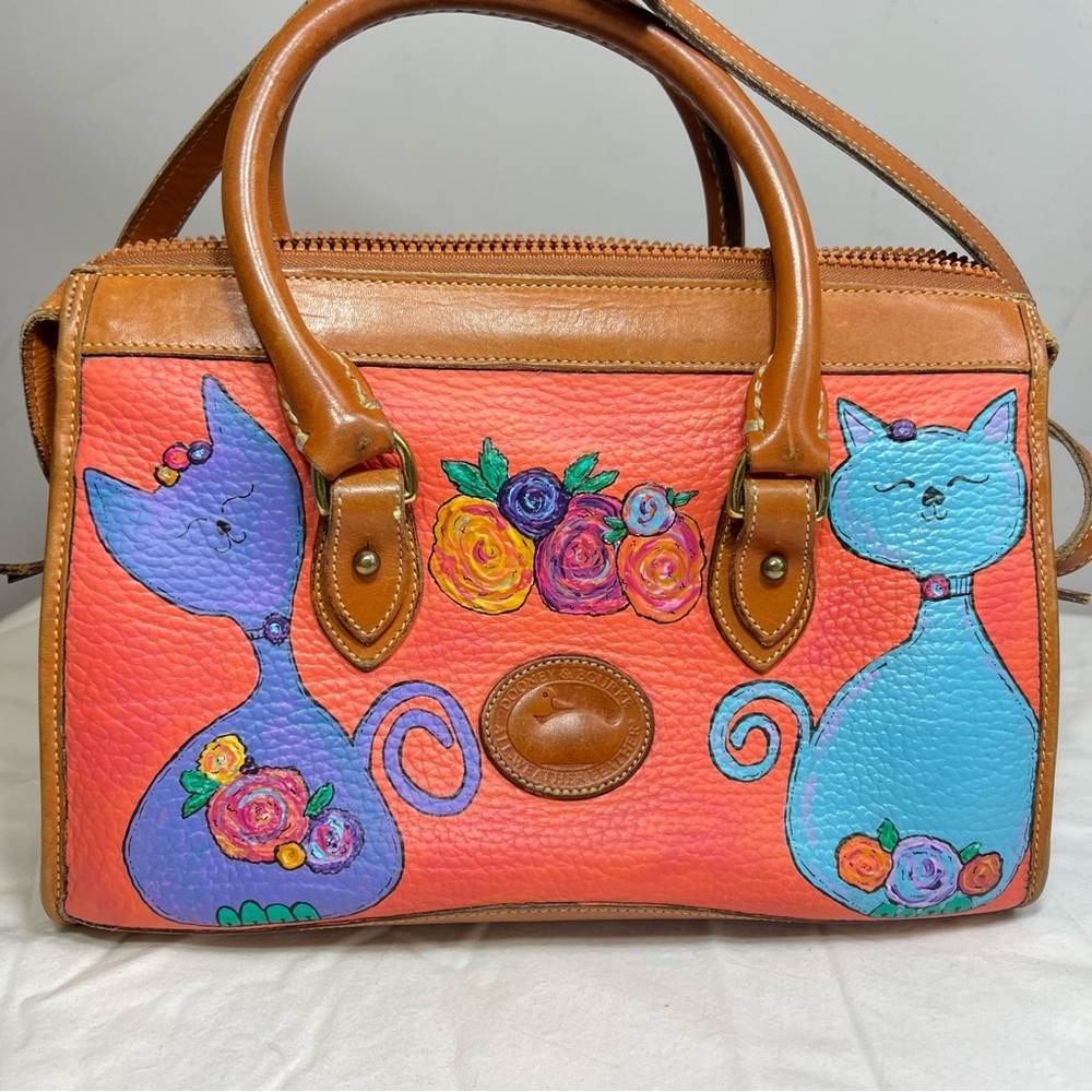 Vintage 90s Dooney & Burke double handle pebbled leather hand painted satchel - Picture 5 of 17